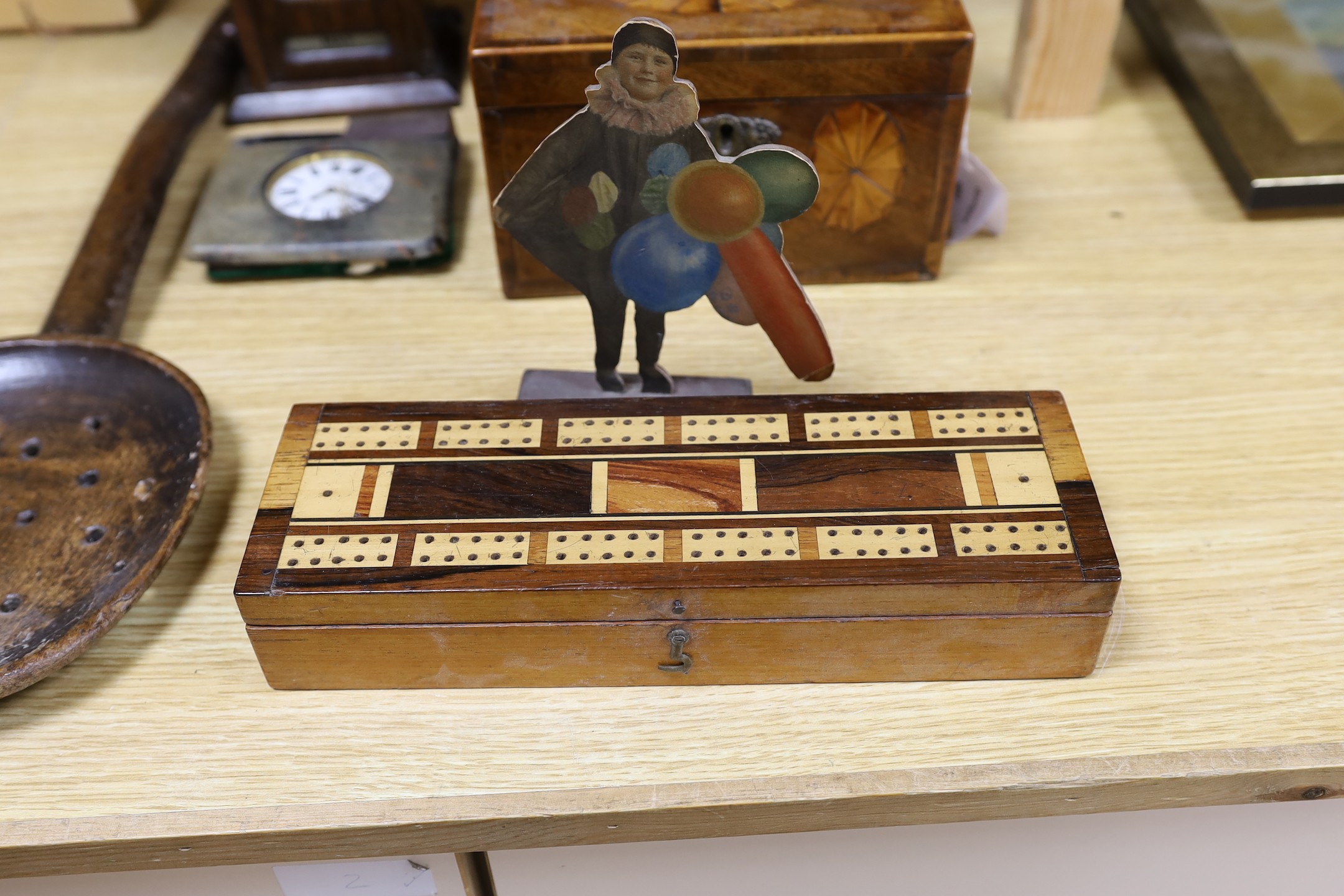 Three 19th century inlaid mahogany tea caddies, a Hakone ware cabinet and assorted treen etc.